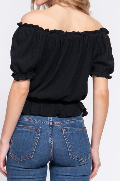 Women's Chic Off-the-Shoulder, Short Sleeve with Front Ribbon Tie & Elastic Waist