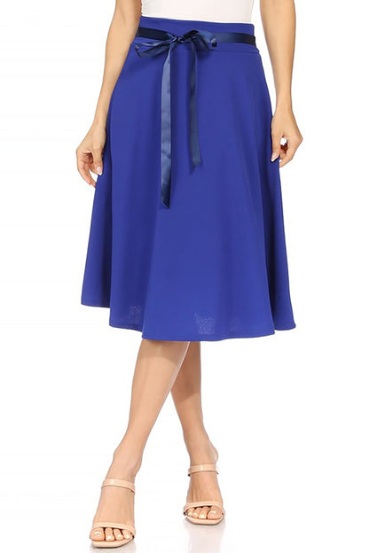 Women's Elegant Solid A-Line Midi Skirt with High Waist and Satin Tie Belt