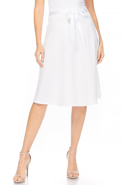 Women's Elegant Solid A-Line Midi Skirt with High Waist and Satin Tie Belt