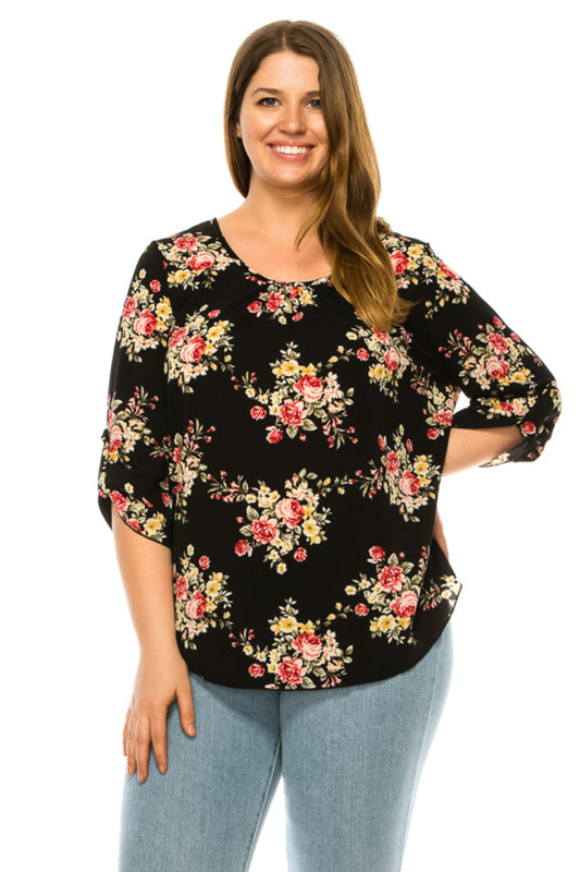 Women's Plus Floral Print Round Neck Roll Tab Sleeve Blouse Top