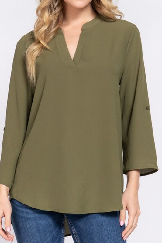 Women's 3/4 Roll up sleeve v-neck woven blouse