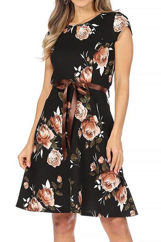 Women's Casual Floral Flared A Line Swing Dresses Short Sleeve With Belt Trim