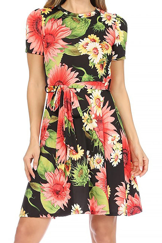 Women's Floral Print Belted Round Neckline Short Sleeve Casual Tunic Dress