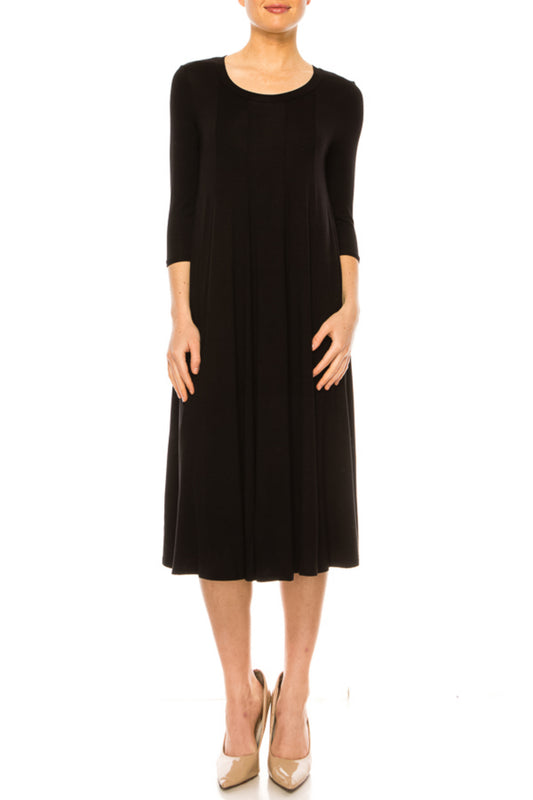 Women's A-Line Long Dress with 3/4 Sleeves and Relaxed Round Neckline