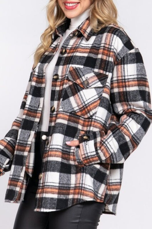 Women's Casual plaid wool blend button down shirts jacket