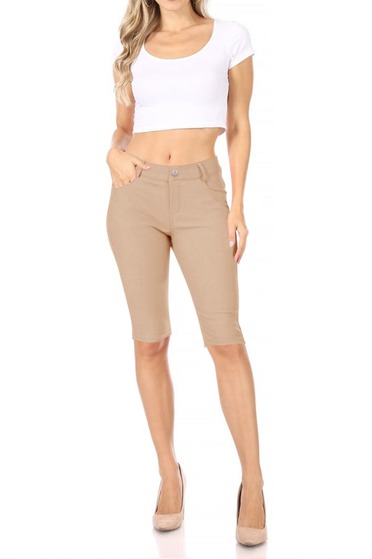 Women's Casual Stretch Comfy Pockets Solid Bermuda Shorts Pants
