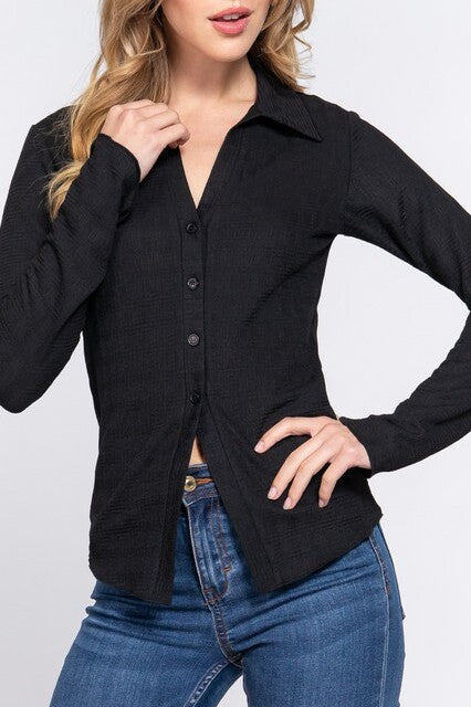 Women's Casual Long Sleeve Button Down Texture Knit Shirt