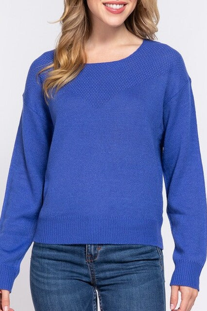 Women's Casual Long Round Neck Knit Waffle Detail Sweater