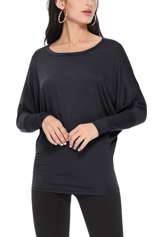 Women's Solid Long Sleeve Jersey Dolman Style Boat Neck Casual Tee Top S-3XL