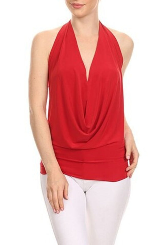 Women's Casual Draped Front Sexy Low Cut Halter Top