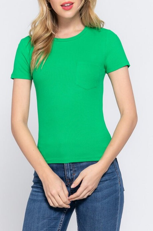 Women's Casual Short Sleeve Crewneck With Pocket Ribbed Knit Top