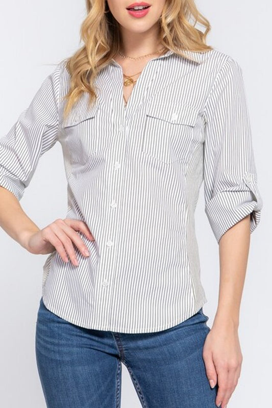 Women's Long sleeve with tab side rib panel y/d stripe Shirts