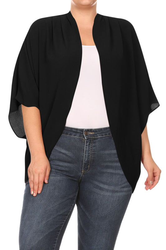 Women's Plus Size Loose Fit 3/4 Sleeves Kimono Style Open Front Solid Cardigan S-3XL
