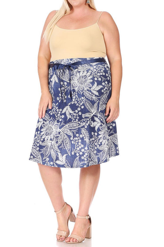 Women's Plus Size Floral A-line Printed High Waist Bow Tie Belted Knee Length Midi Skirt