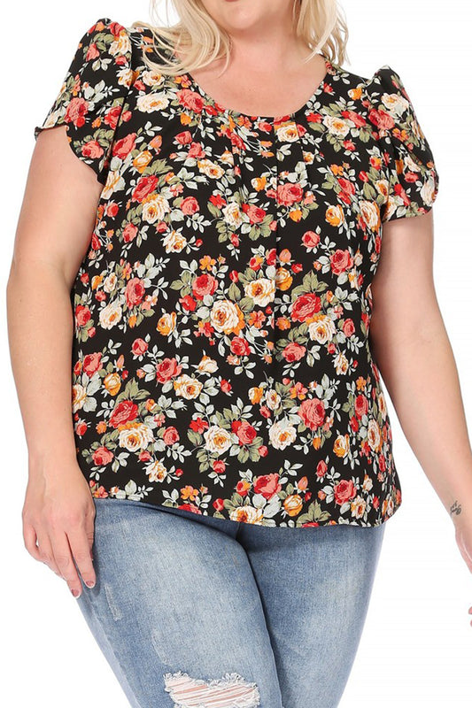 Women's Plus Size Casual Floral Pleated Front Petal Cap Sleeve Round Neck Tee Blouse Top