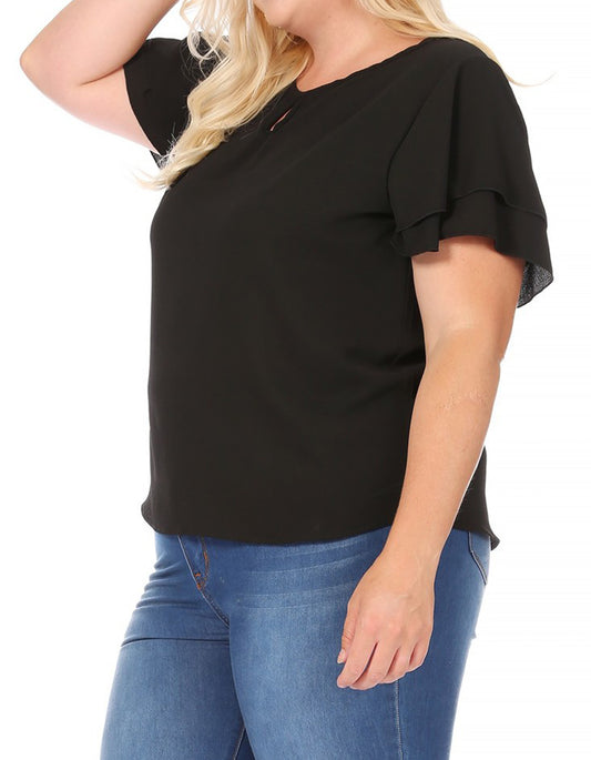 Women's Plus Size Casual Solid Flowy Short Sleeve Round Neck Key Hole Tee Blouse Top