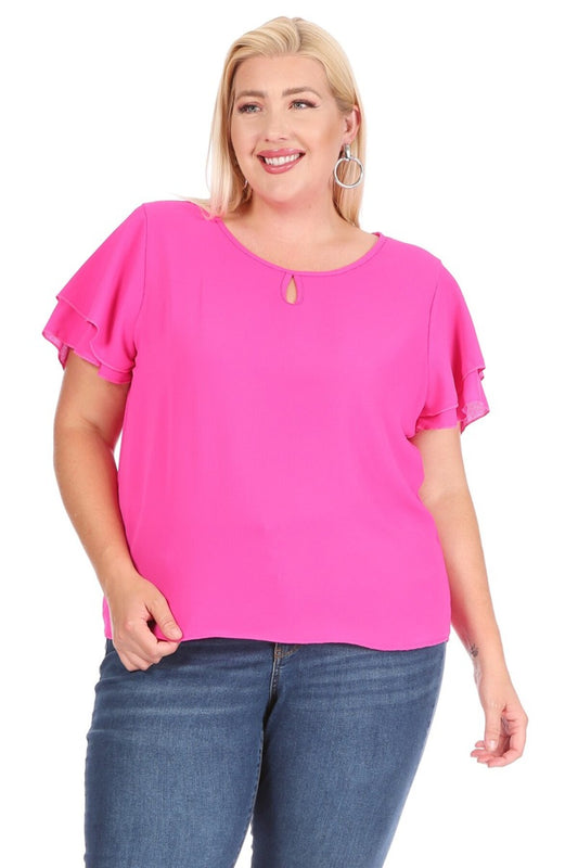 Women's Plus Size Casual Solid Flowy Short Sleeve Round Neck Key Hole Blouse