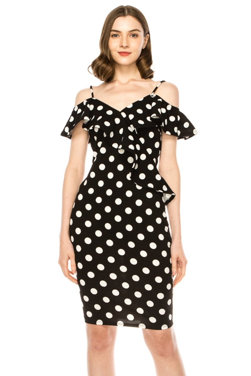 Women's Off Shoulder Ruffle Accent Bodycon Dress Black Polka Dot / 1XL-2XL-3XL(2-2-2)6PCS
