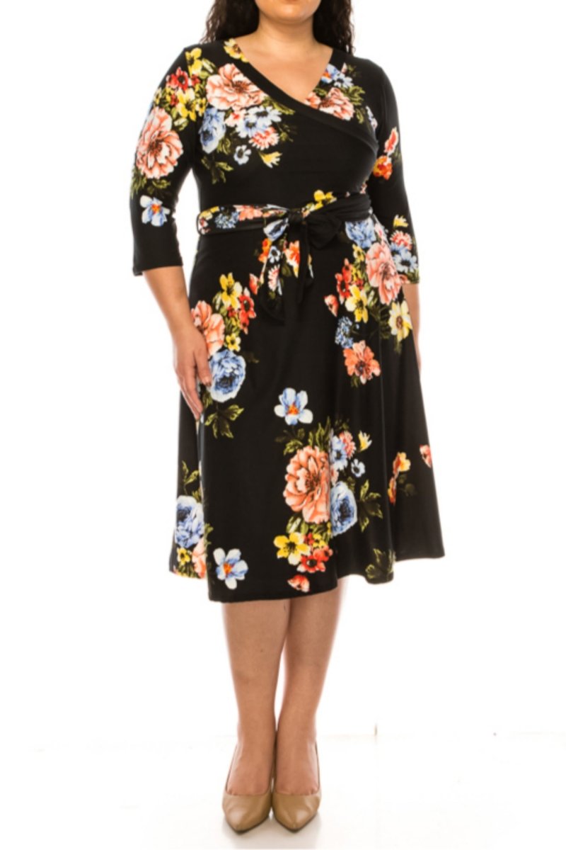 Plus Size Faux Wrap Dress with Waist Tie – MOA Collection Floral Heather Charcoal / 1XL-2XL-3XL(2-2-2)6PCS