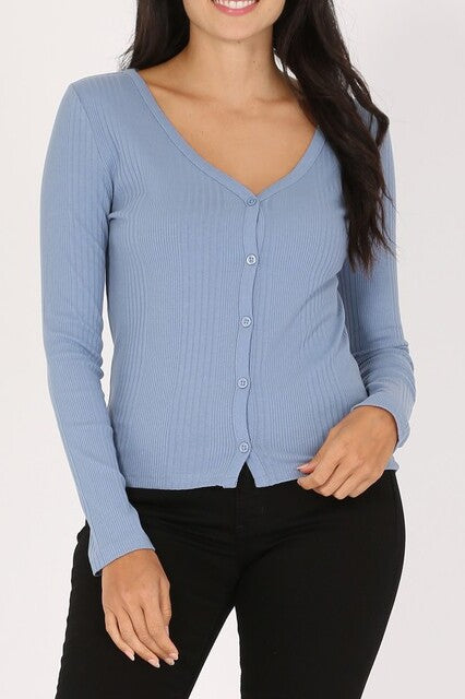 Long Sleeve Ribbed Cardigan – Button-Down Cotton Stretch Fit