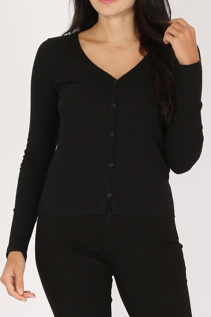 Long Sleeve Ribbed Cardigan – Button-Down Cotton Stretch Fit