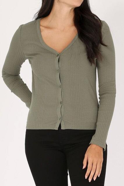 Long Sleeve Ribbed Cardigan – Button-Down Cotton Stretch Fit