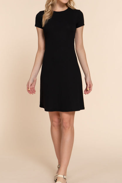 SHORT SLV CREW NECK A-LINE MINI DRESS