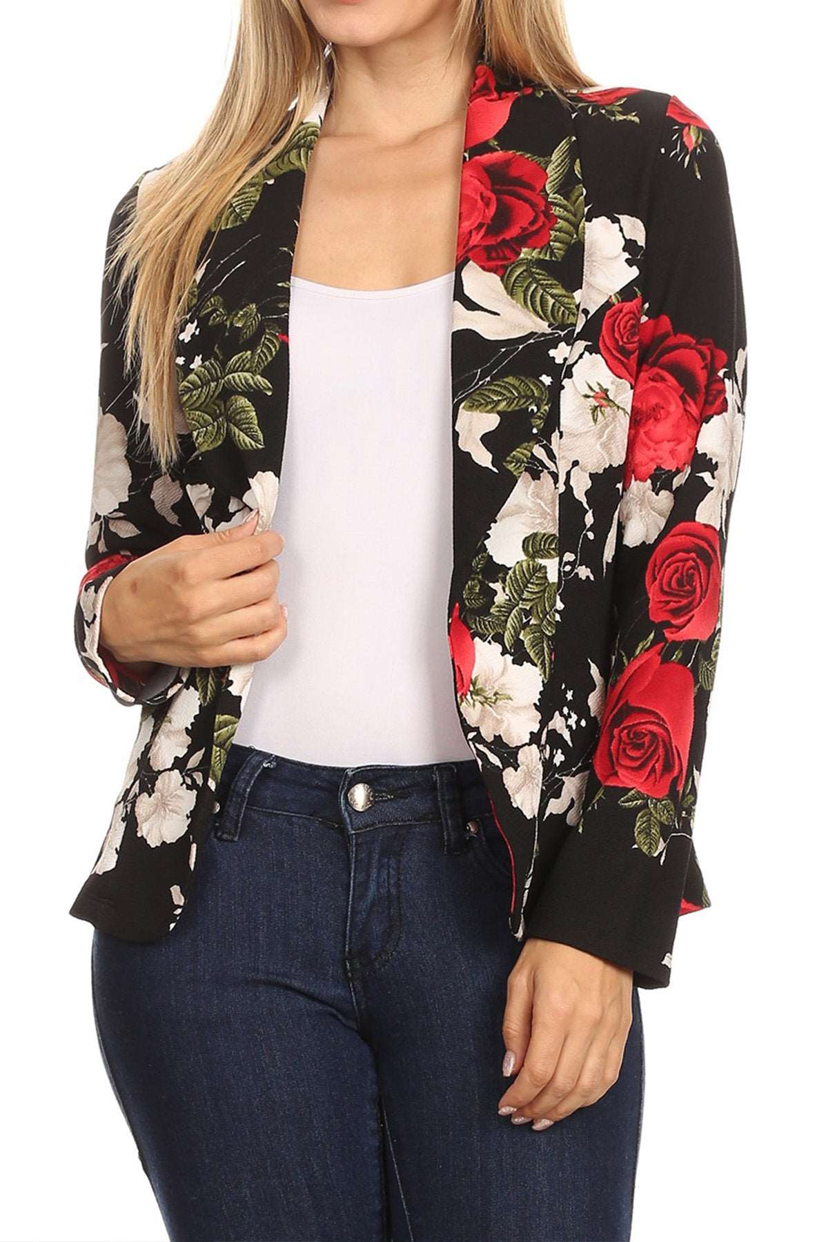 Women's Casual Floral Print Fitted Open Front Long Sleeves Office Blazer Jacket