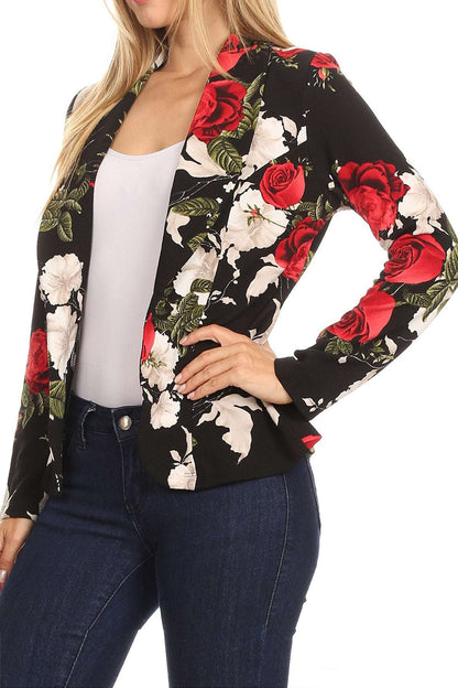 Women's Casual Floral Print Fitted Open Front Long Sleeves Office Blazer Jacket