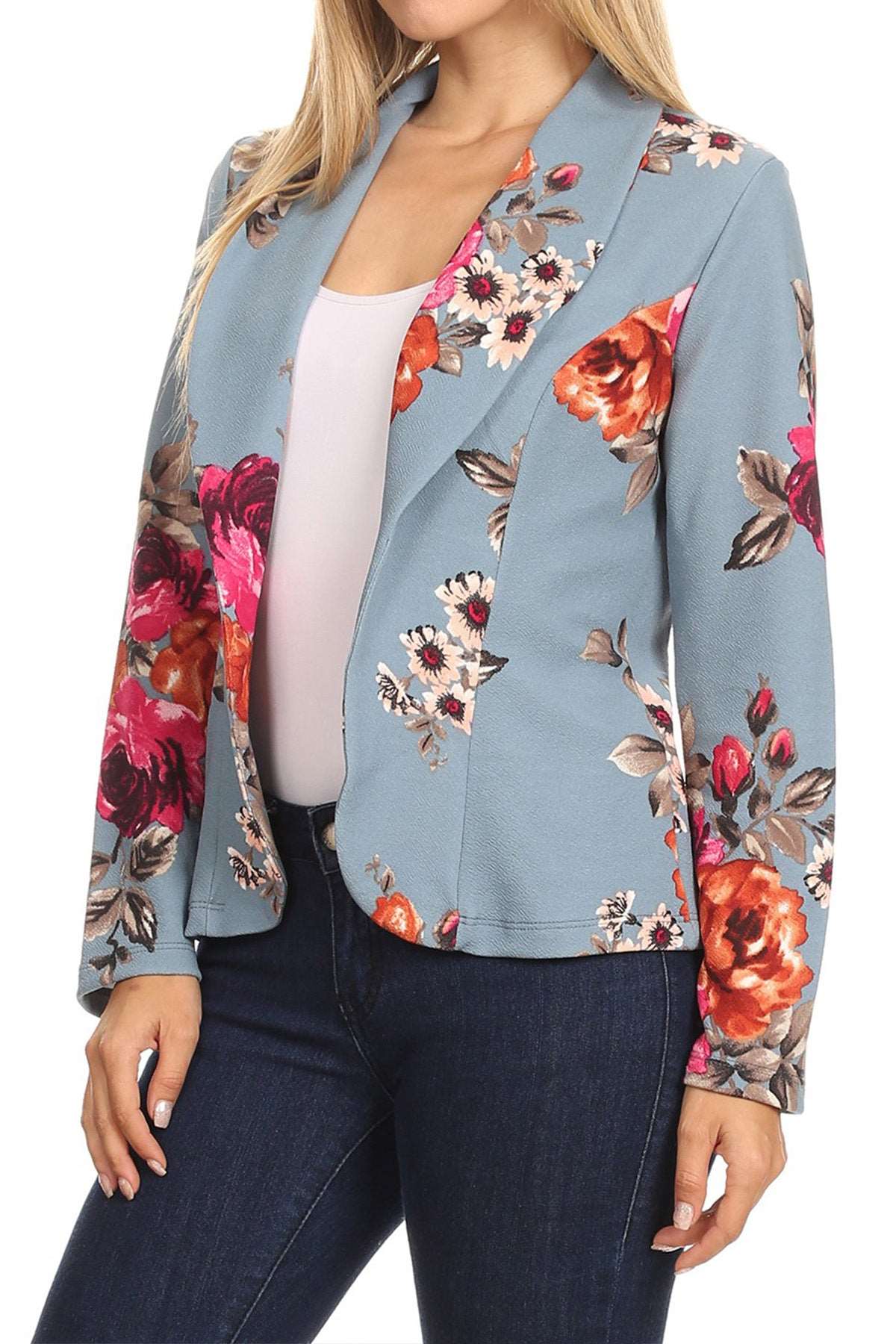 Women's Casual Floral Print Fitted Open Front Long Sleeves Office Blazer Jacket
