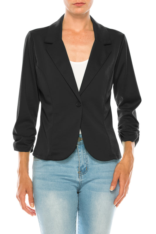 Women's Fitted Solid Blazer with Button Closure and Ruched Sleeves