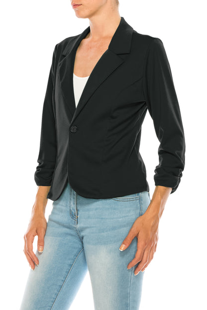 Women's Fitted Solid Blazer with Button Closure and Ruched Sleeves