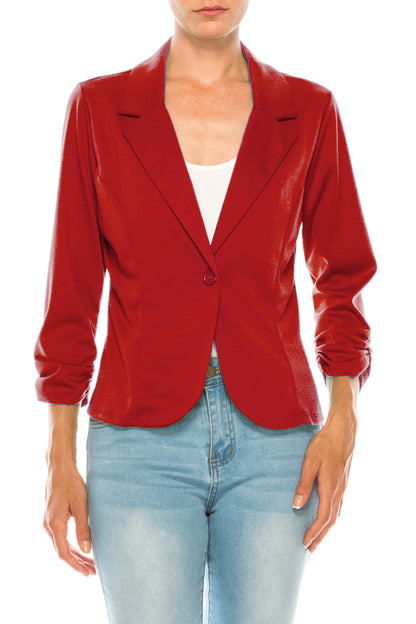 Women's Fitted Solid Blazer with Button Closure and Ruched Sleeves