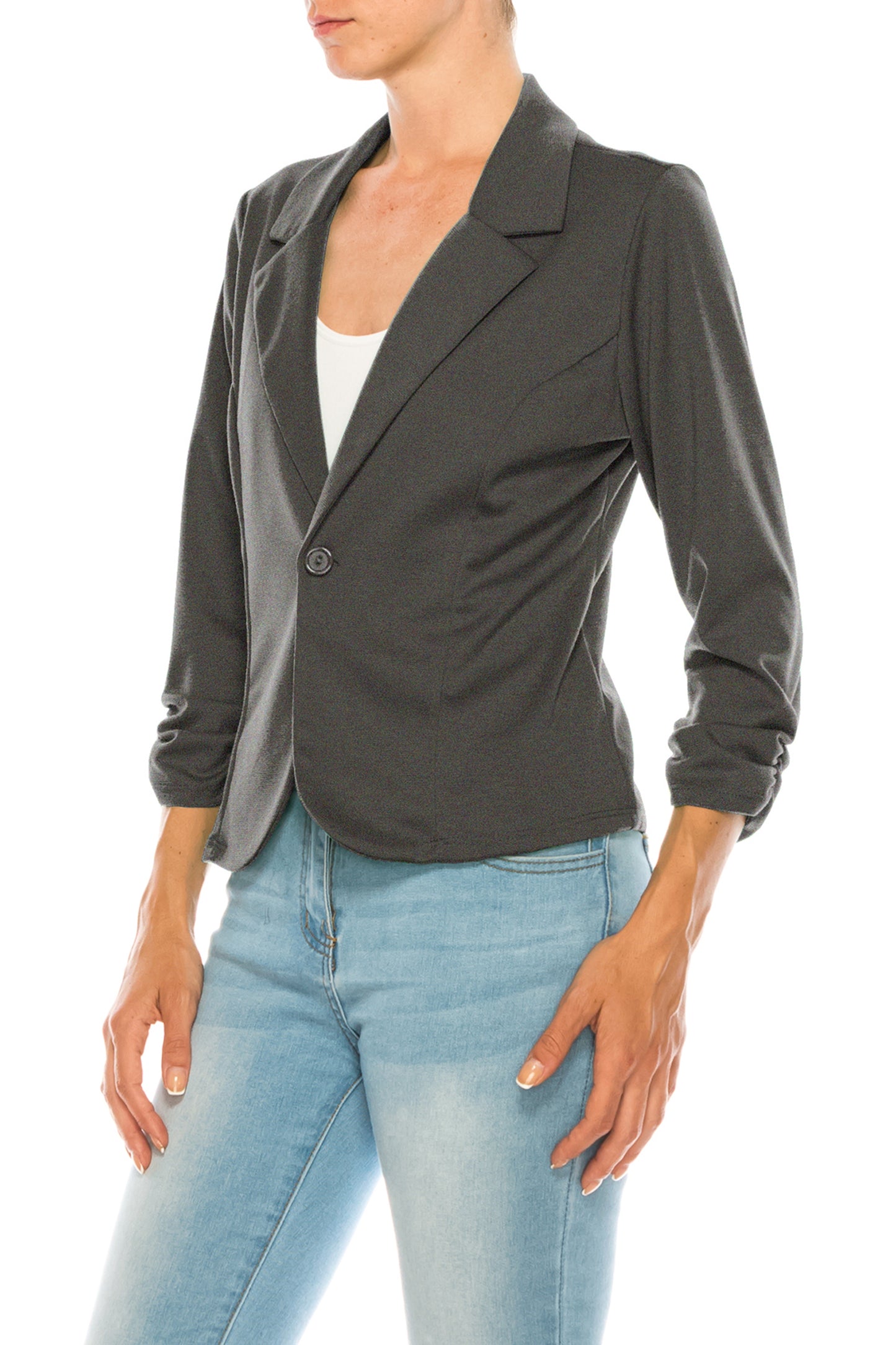 Women's Fitted Solid Blazer with Button Closure and Ruched Sleeves