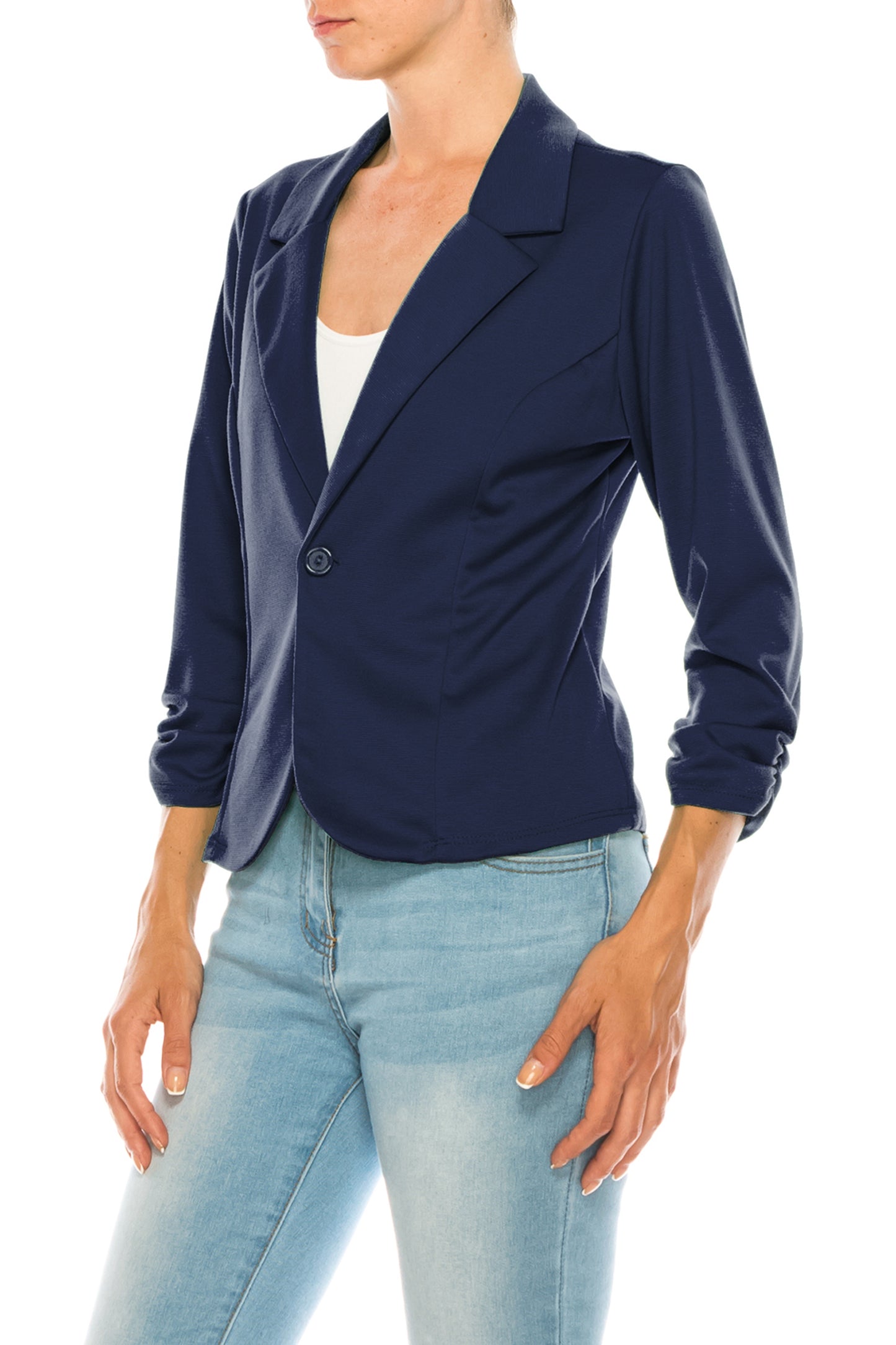 Women's Fitted Solid Blazer with Button Closure and Ruched Sleeves