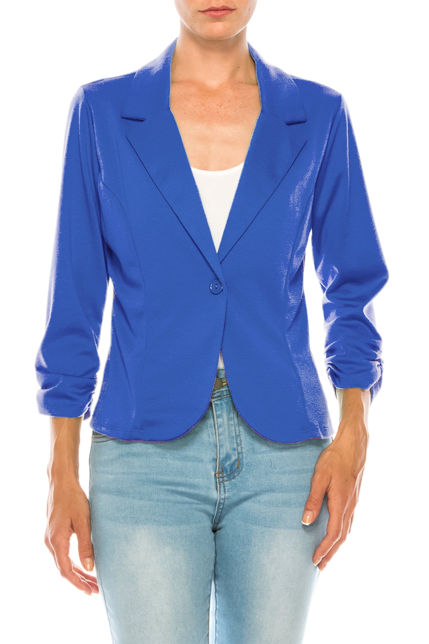 Women's Fitted Solid Blazer with Button Closure and Ruched Sleeves