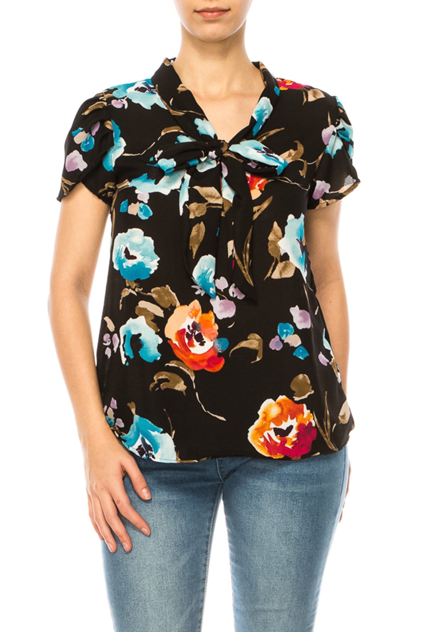 Women's Floral Print Overlapping Short Sleeve Top with Front Tie Collar