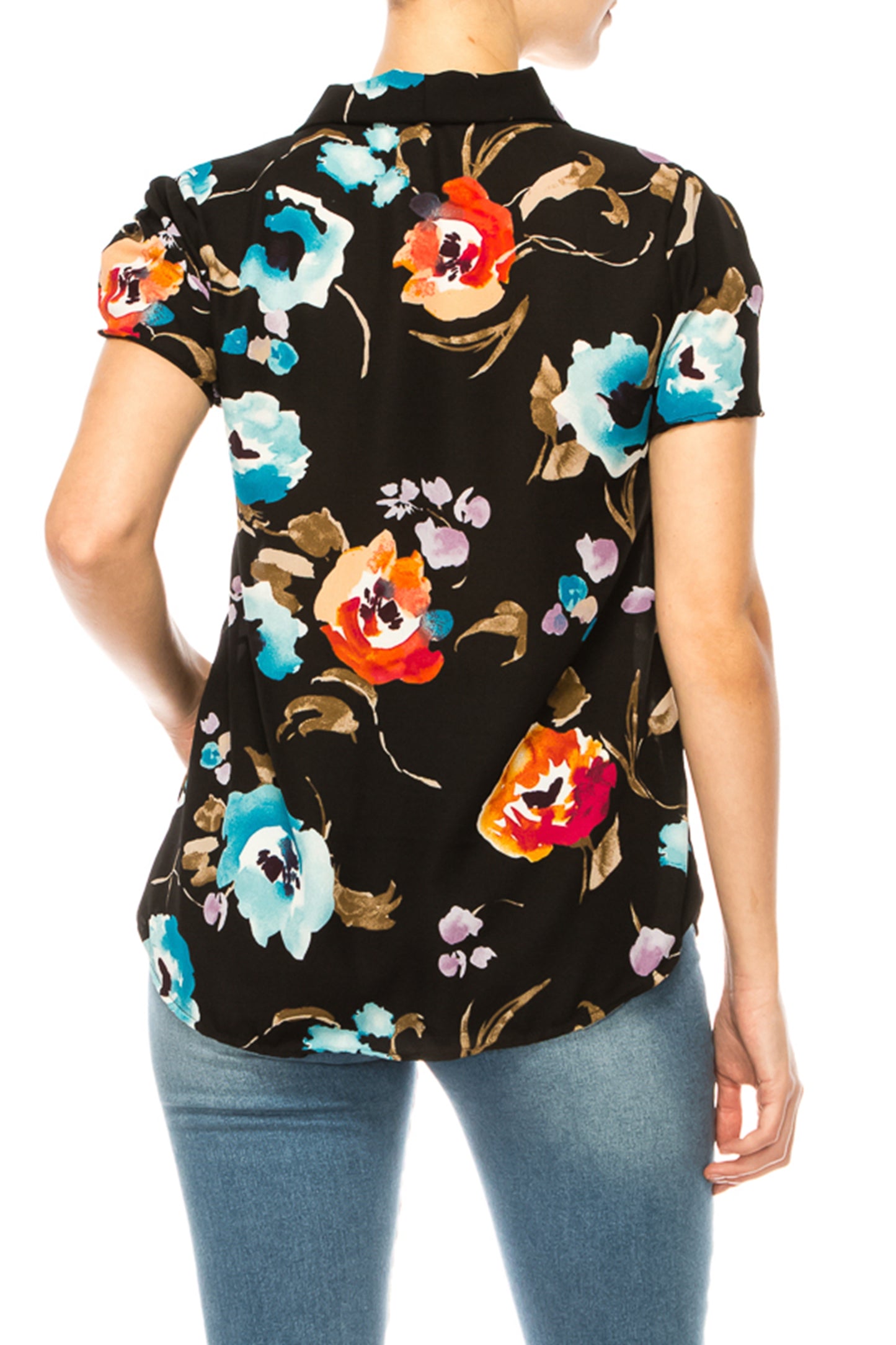 Women's Floral Print Overlapping Short Sleeve Top with Front Tie Collar