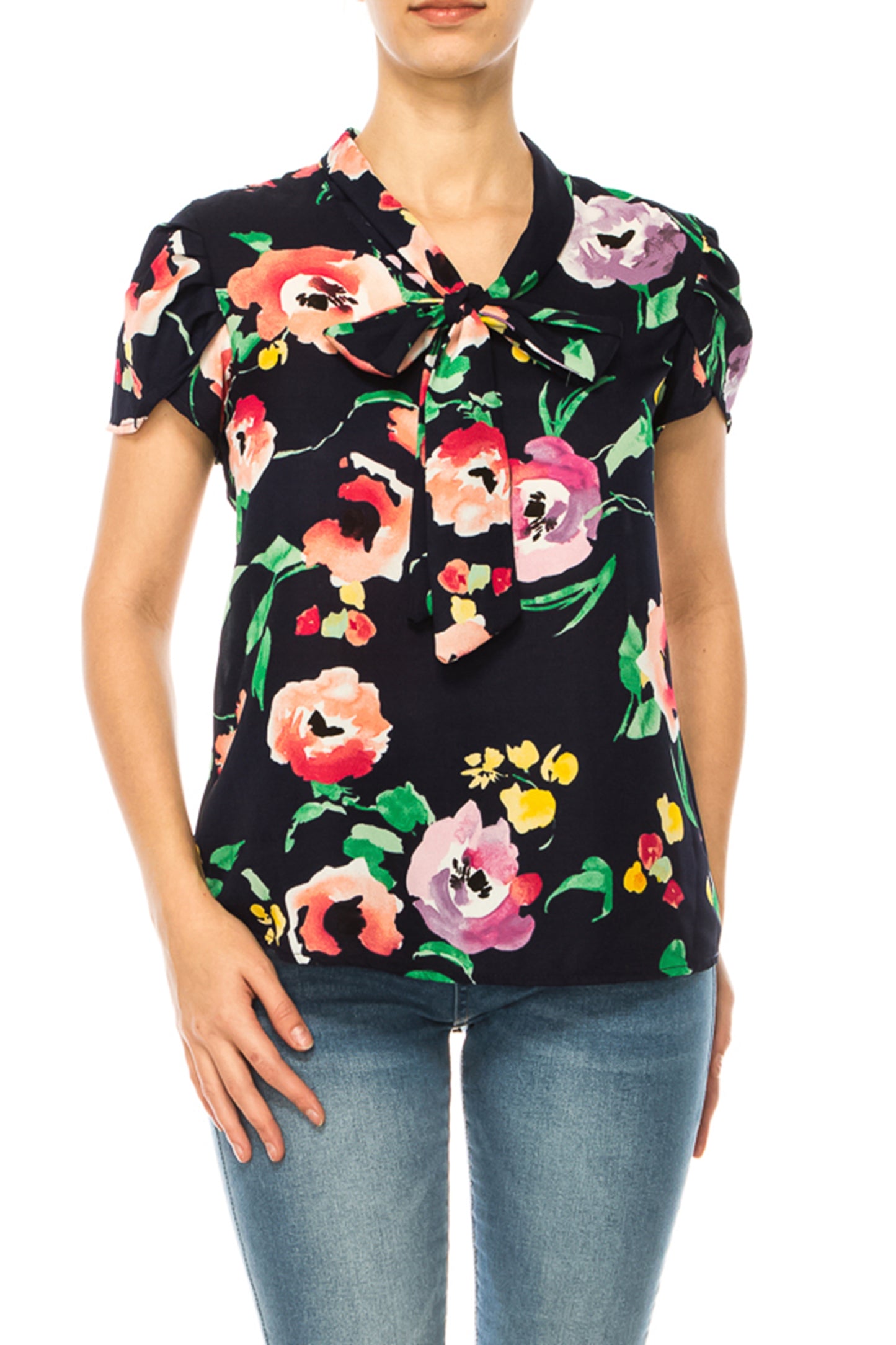 Women's Floral Print Overlapping Short Sleeve Top with Front Tie Collar