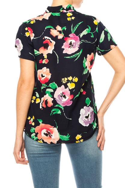 Women's Floral Print Overlapping Short Sleeve Top with Front Tie Collar