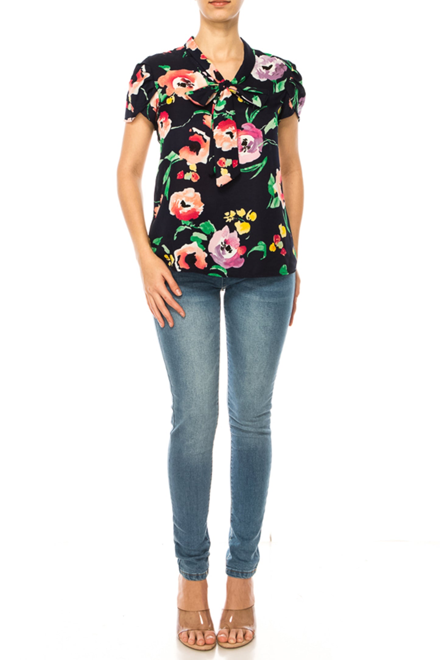 Women's Floral Print Overlapping Short Sleeve Top with Front Tie Collar