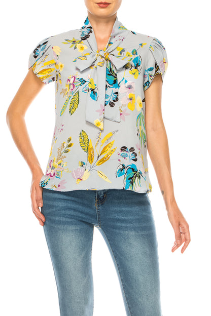 Women's Floral Print Overlapping Short Sleeve Top with Front Tie Collar