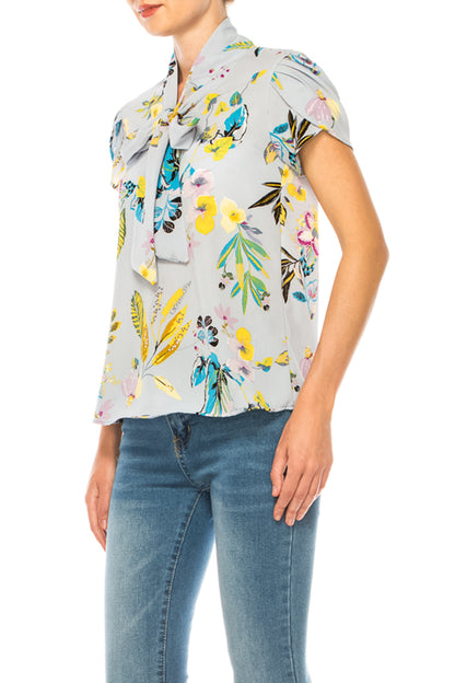 Women's Floral Print Overlapping Short Sleeve Top with Front Tie Collar