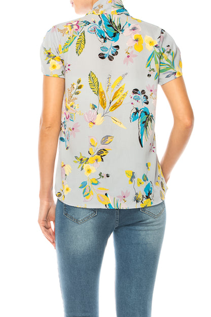 Women's Floral Print Overlapping Short Sleeve Top with Front Tie Collar