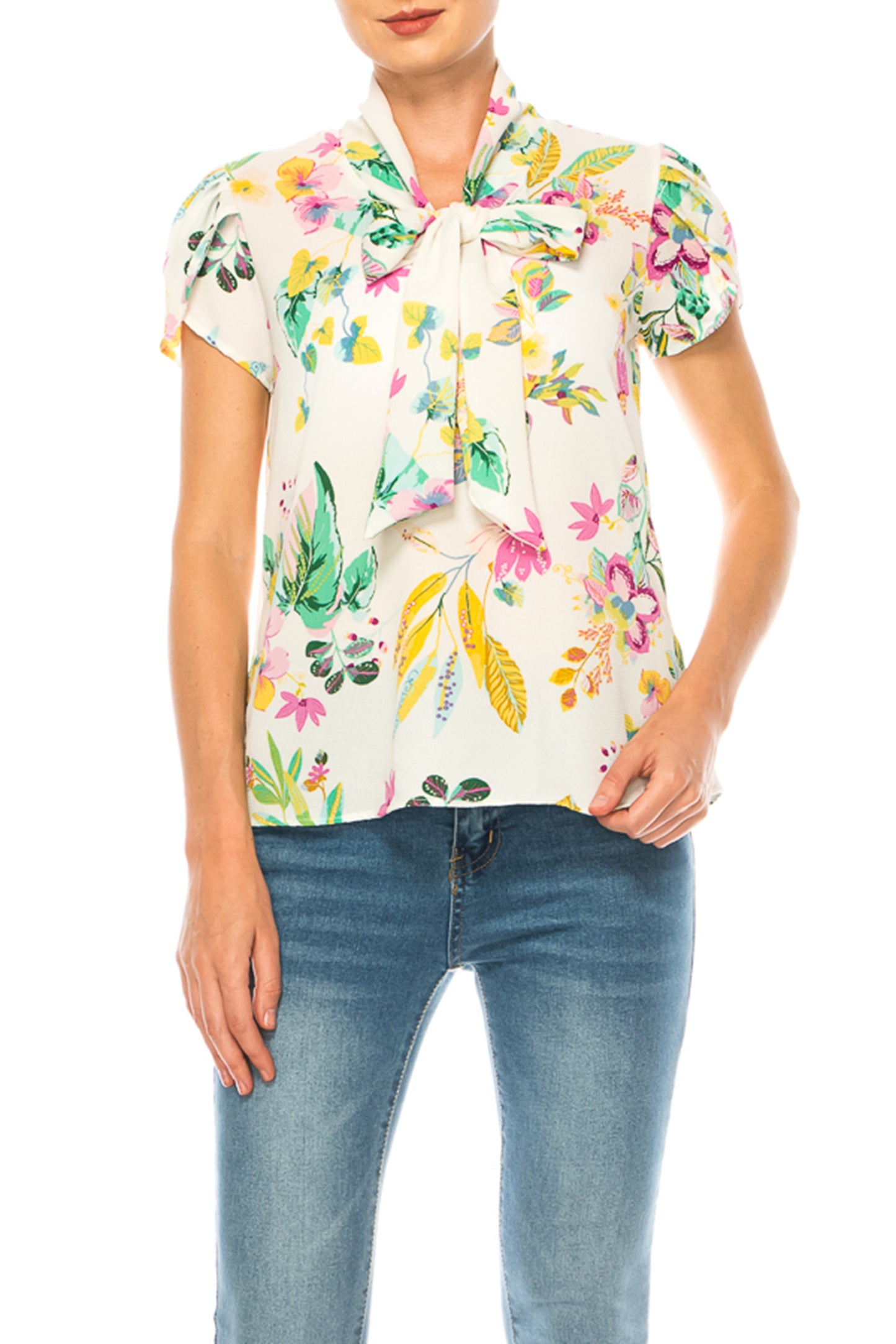 Women's Floral Print Overlapping Short Sleeve Top with Front Tie Collar