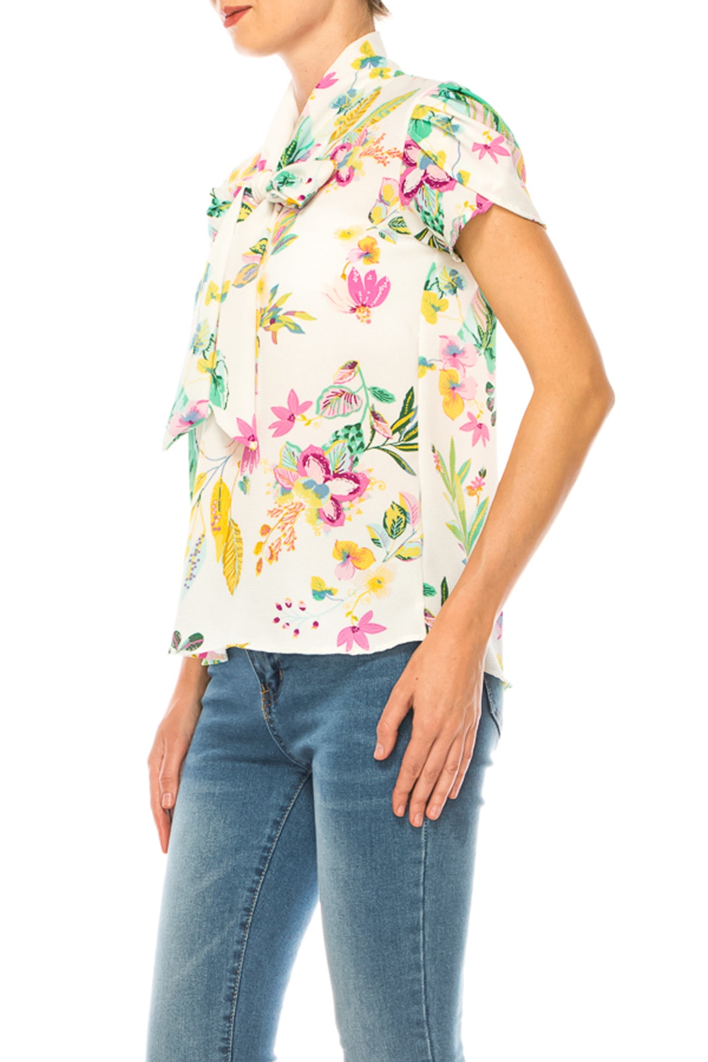 Women's Floral Print Overlapping Short Sleeve Top with Front Tie Collar