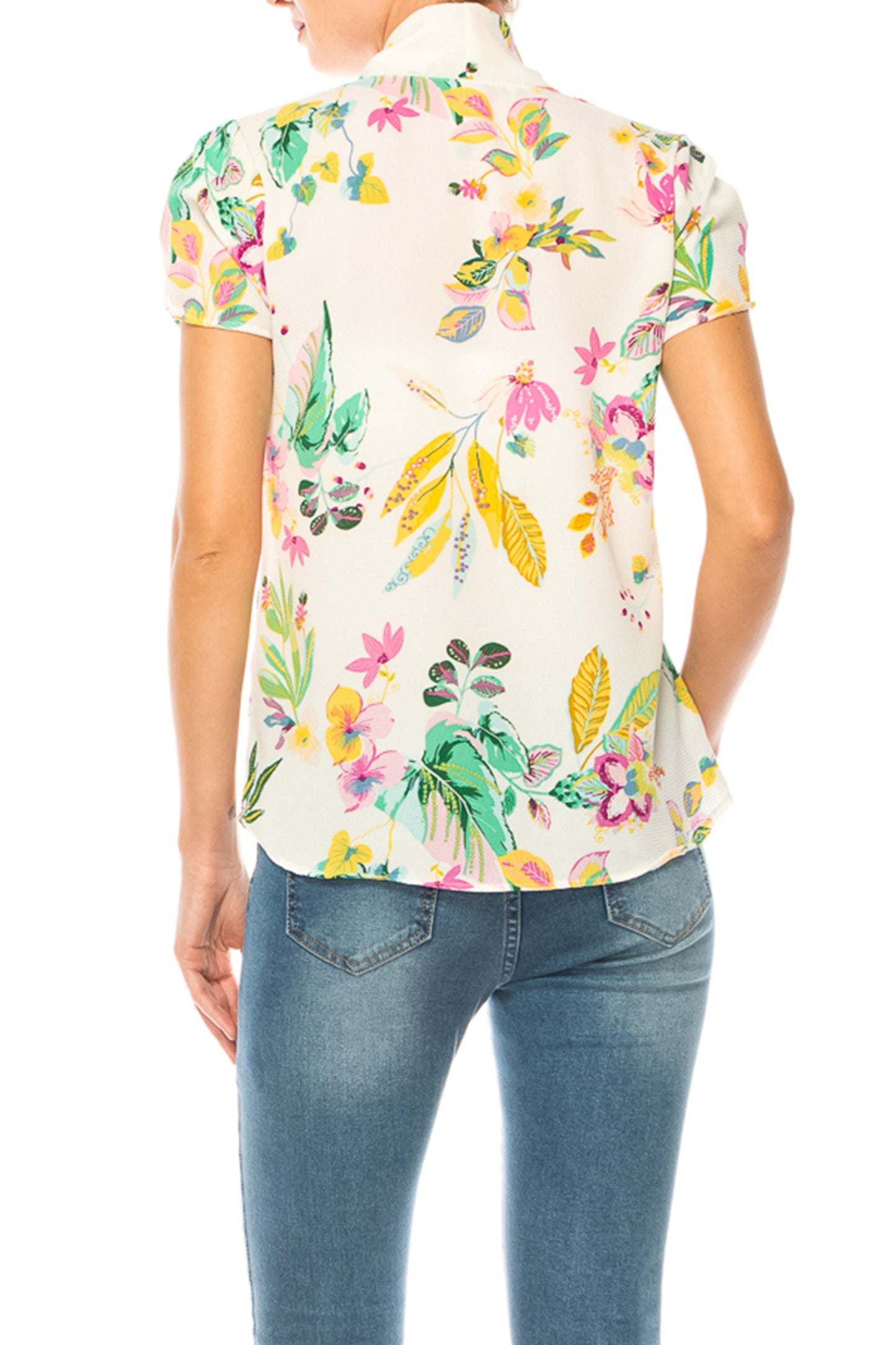 Women's Floral Print Overlapping Short Sleeve Top with Front Tie Collar