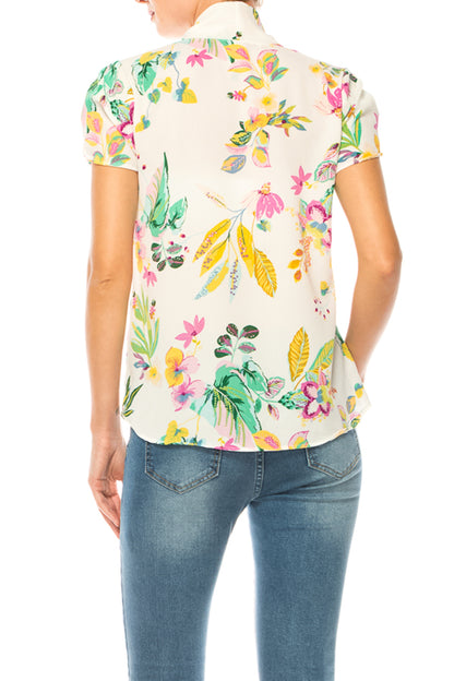 Women's Floral Print Overlapping Short Sleeve Top with Front Tie Collar