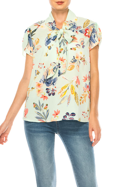 Women's Floral Print Overlapping Short Sleeve Top with Front Tie Collar