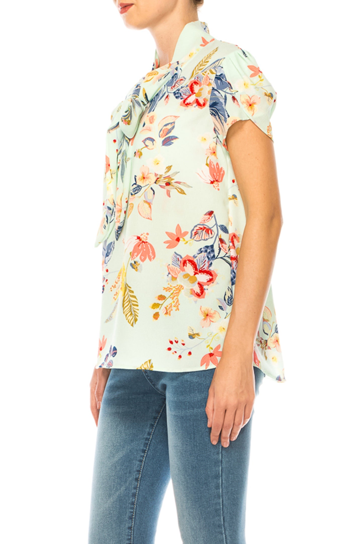 Women's Floral Print Overlapping Short Sleeve Top with Front Tie Collar